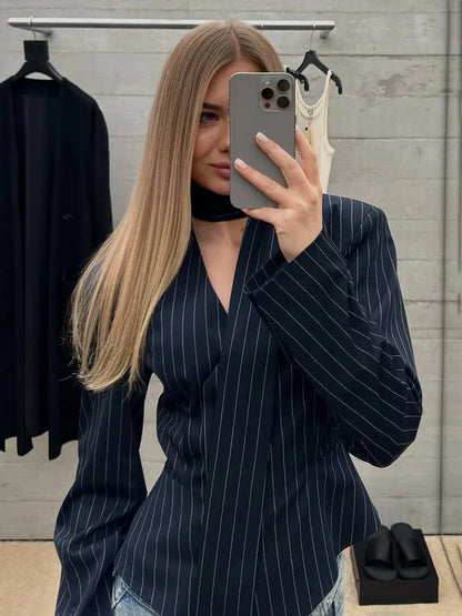 TARUXY Striped Print V-neck Ribbon Suit Coat For Women Long Sleeve Buttons Office Lady Top Elegant Female New Blazer Outwear