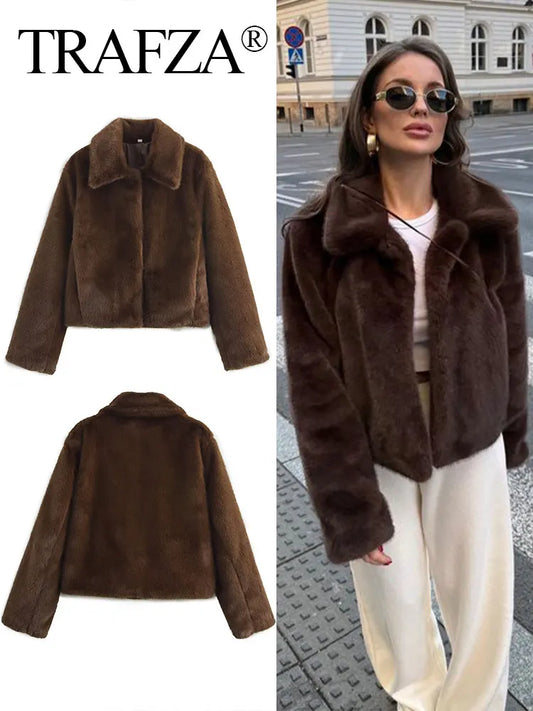 TRAFZA Vintage Women's New Faux Fur Coat Solid Lapel Long Sleeve Pockets 2025 Winter Female Jackets Streetwear Woman Outwear