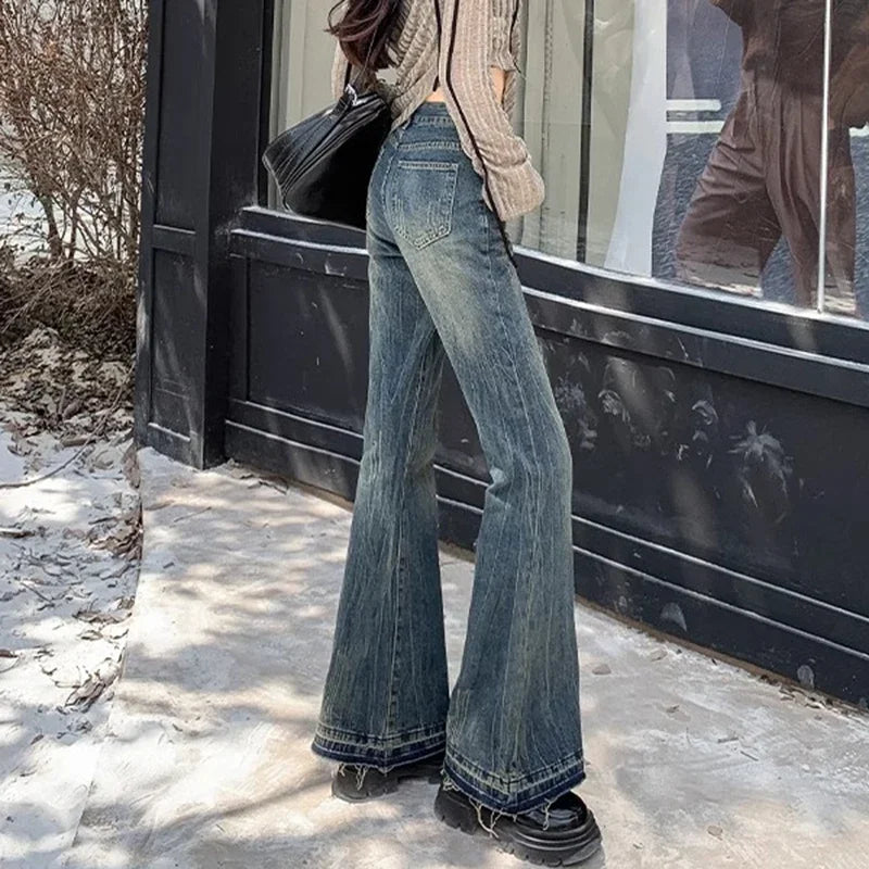 Woman High Waist Vintage Casual Flare Jeans Girls Elastic Slim Fit Bell Bottom Pants Lady Fashion Blue Black Grey Denim Trousers