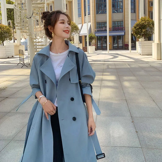 British Style Long Trench Coats Elegant Womens Loose Overcoats Korean Fashion Blue Gabardina Double Breasted Windbreaker