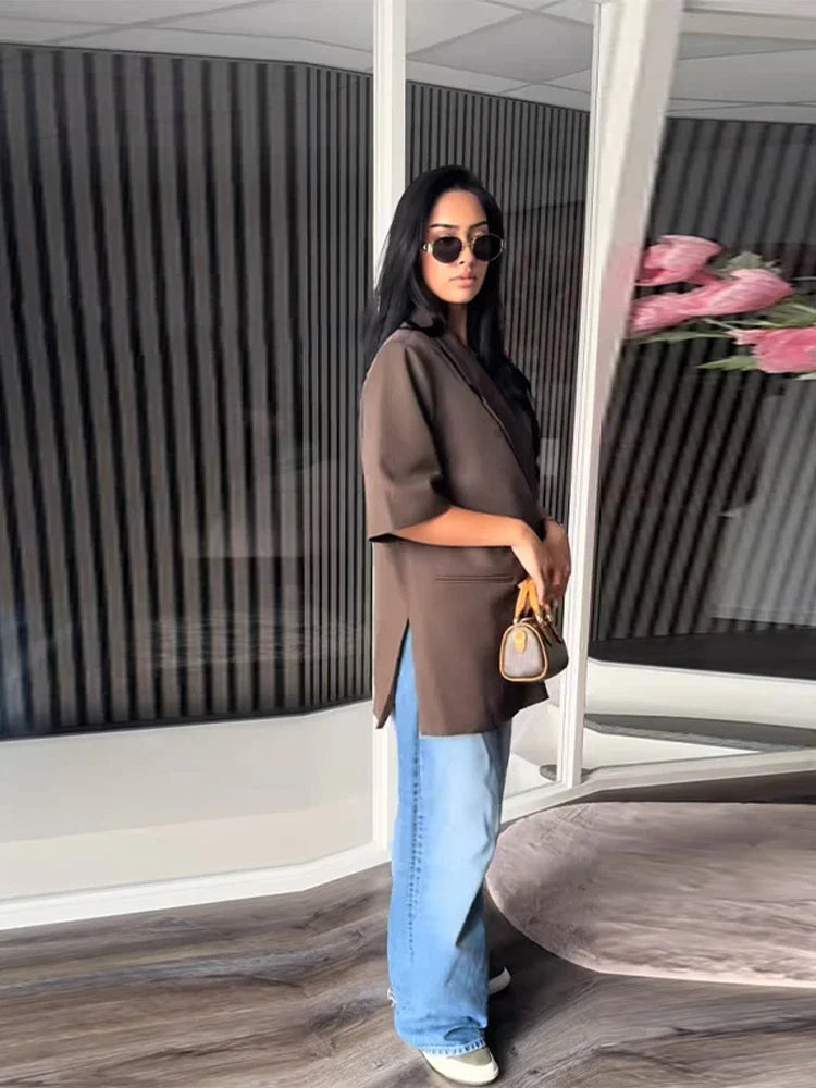 Fashion Lapel Suit Jacket Women Casual Loose Short Sleeve Office Lady Coat 2025 New Chic Autumn Single Button Oversize Jacket