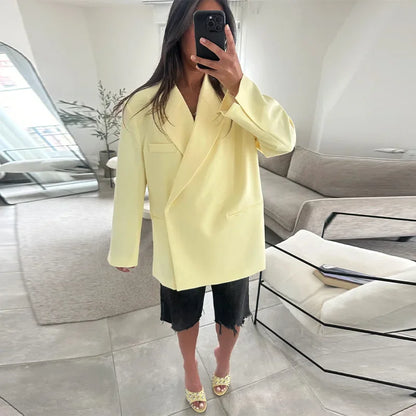 Fashion Lapel Suit Jacket Women Casual Loose Short Sleeve Office Lady Coat 2025 New Chic Autumn Single Button Oversize Jacket