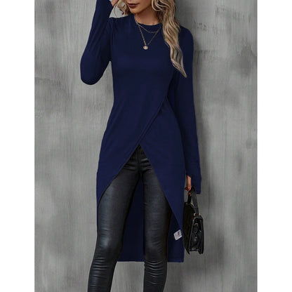 Mia Muse Women's T-Shirts Autumn French Decent Plain Long Sleeve Crew Neck Wrap Long High Street T-Shirts