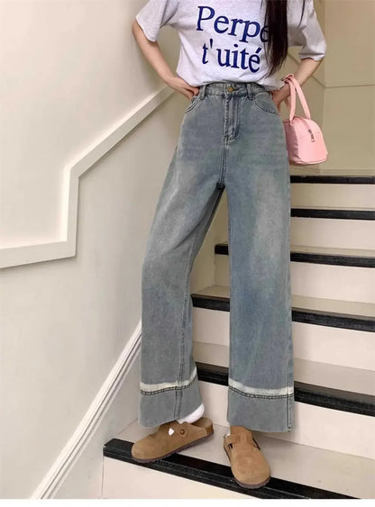 High Waist Straight Leg Jeans Women's plus Size Body Slimming Nine Points Wide Leg Pants Fat Sister MM Fashionable Clothing