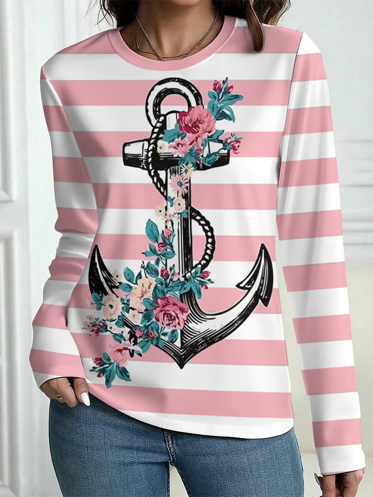 Women's T-Shirt Outdoor Casual Long Sleeve Pattern Print Street Crew Neck Fall Female Oversized Clothing Fashion T Shirts