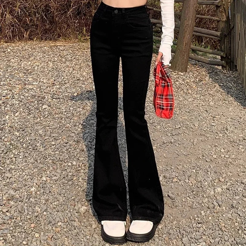 Women Vintage High Street Bell Bottom Jeans Lady Sexy Slim Fit Denim Flare Pants Deep Blue Light Blue Black Blue Gray Trousers