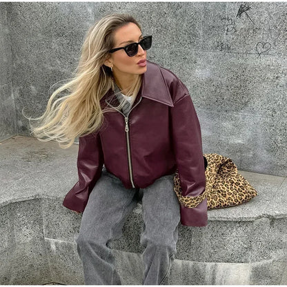 Zekye Spring Summer Women Jackets Fashion Lapel Zipper Long Sleeve Female Coats Lady Street Outwear Burgundy Leather Jacket