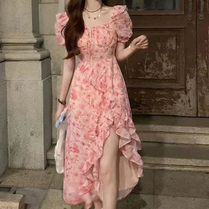 Pink Sweetpuff Sleeveless Dress Women's Korean Summer Seaside Vacation Short Sleeves Pure Desire A- line Skirt