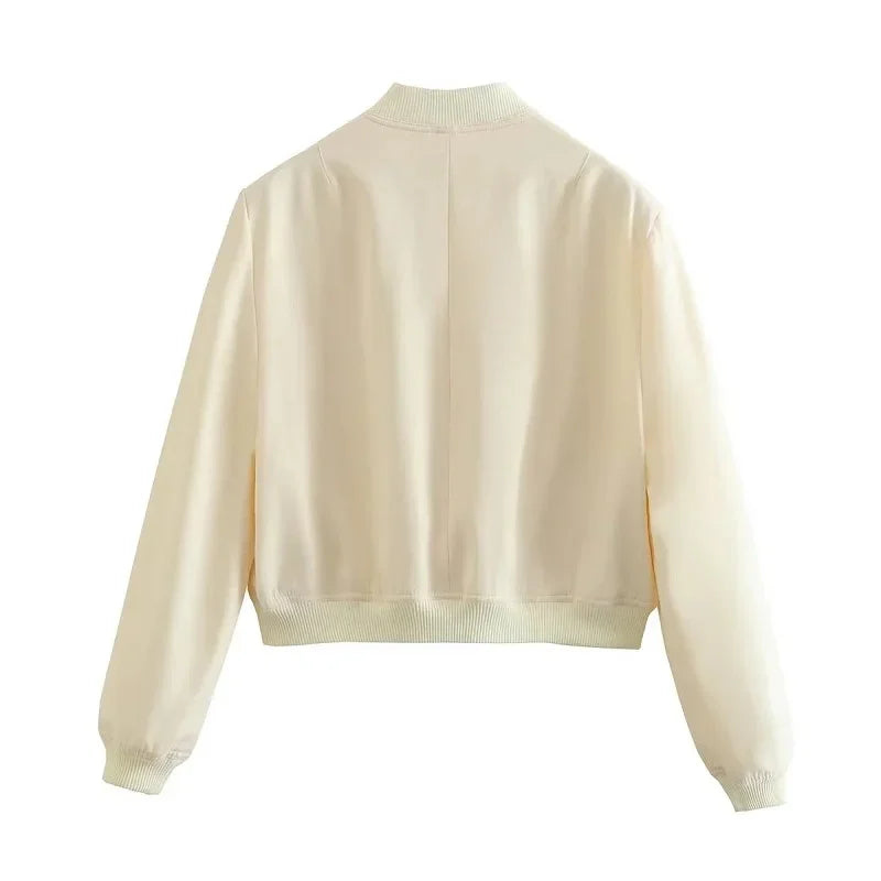 1PCS Woman Bomber Jacket Coat White Autumn Winter Button Baseball Aviator Cropped Jackets for Women Long Sleeve Crop Outerwear