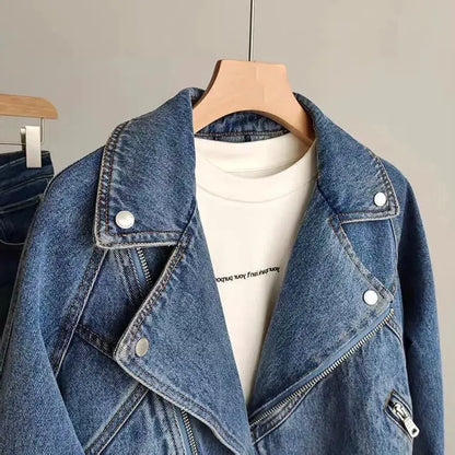 Motorcycle Zipper Long Sleeved Denim Jacket for Women Denim Jacket Spring Autumn Female Jeans Jacket Women Outerwear
