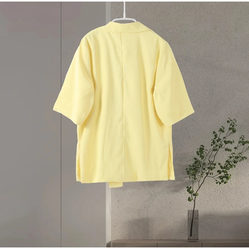Fashion Lapel Suit Jacket Women Casual Loose Short Sleeve Office Lady Coat 2025 New Chic Autumn Single Button Oversize Jacket