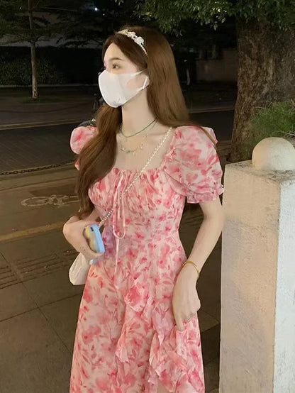 Pink Sweetpuff Sleeveless Dress Women's Korean Summer Seaside Vacation Short Sleeves Pure Desire A- line Skirt