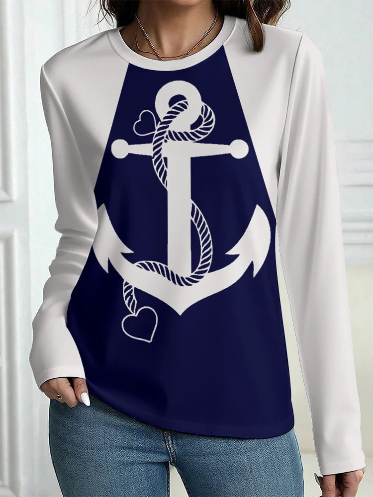 Women's T-Shirt Outdoor Casual Long Sleeve Pattern Print Street Crew Neck Fall Female Oversized Clothing Fashion T Shirts