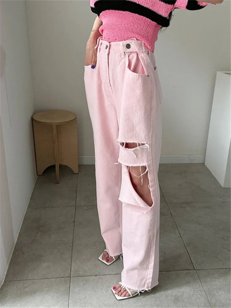 REALEFT 2025 New Hole Pink Women's Denim Wide Leg Pants High Waist Spring Summer Casual White Jeans Straight Trourses Female