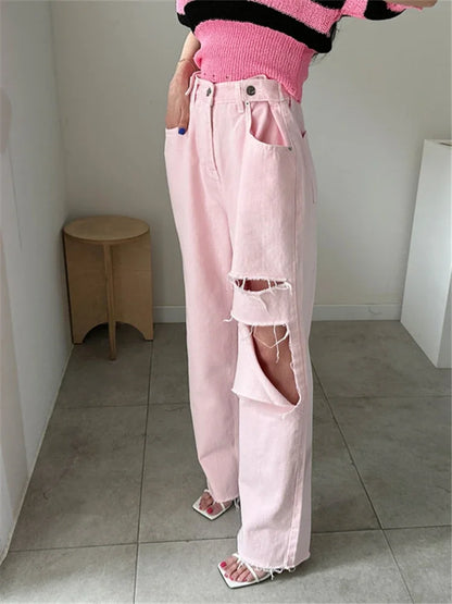 REALEFT 2025 New Hole Pink Women's Denim Wide Leg Pants High Waist Spring Summer Casual White Jeans Straight Trourses Female