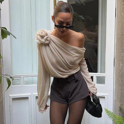 Candyhot Irregular Sexy Off Shoulder Oblique-neck Flower Applique T Shirt French Fashion Long Sleeve Crop Tops Chic Mesh Camis