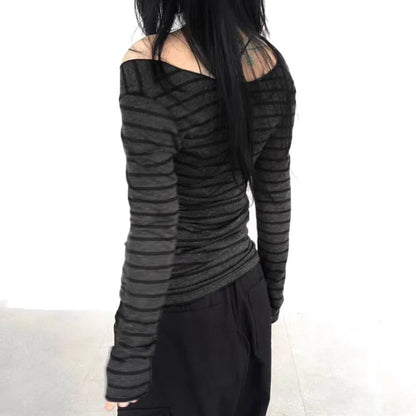 Y2K Grunge Emo 00s Vintage T-Shirt Black Grey Striped Off Shoulder Long Sleeve Jumper Top Chic Women Autumn Retro Goth Tee Shirt