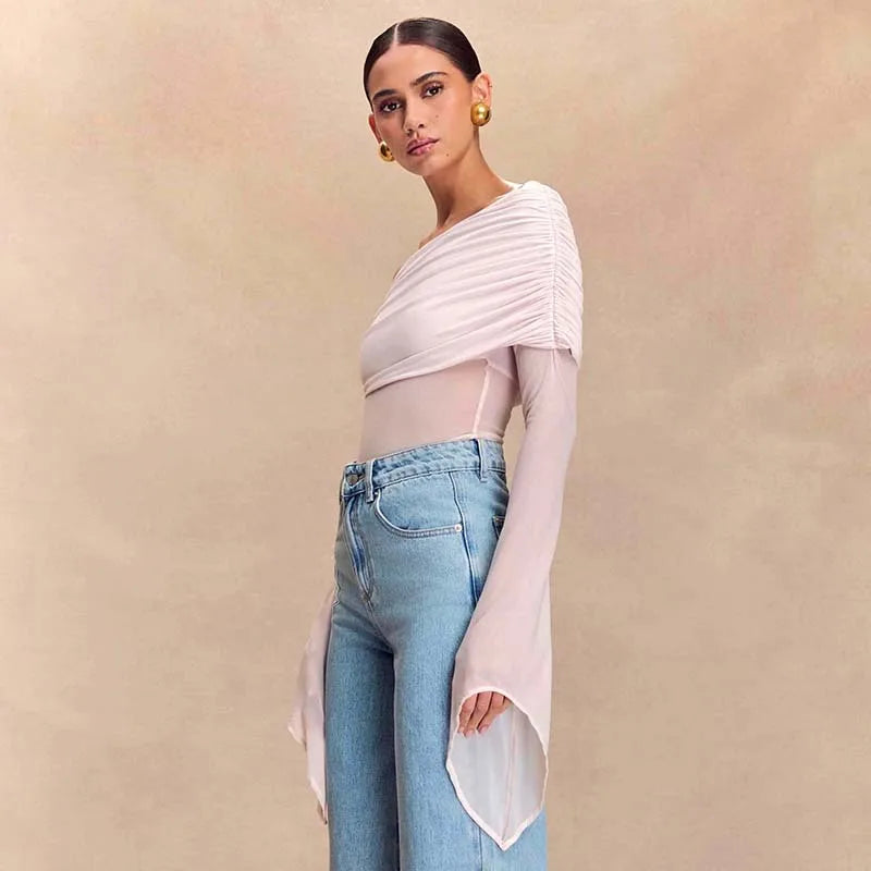 Off Shoulder Autumn Female's T-Shirt Solid Color Asymmetric Slash Neck Patchwork Women's Top Sexy Long Sleeve T-Shirt For Lady