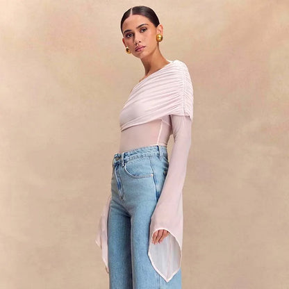 Off Shoulder Autumn Female's T-Shirt Solid Color Asymmetric Slash Neck Patchwork Women's Top Sexy Long Sleeve T-Shirt For Lady