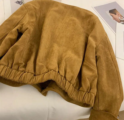 Suede Short Jacket Women Korean Camel Fashion Long Sleeve Flight Suit Harajuku Single Breasted Loose Tops Female Vintage Coats