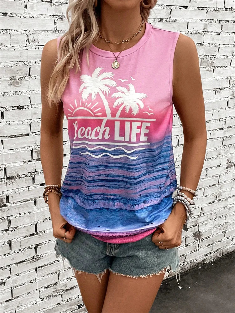 Gradual Color Print Women's Casual Tank Top Street Fashion Women's Crew Neck Tank Top Summer Outdoor Beach Sleeveless T-shirt