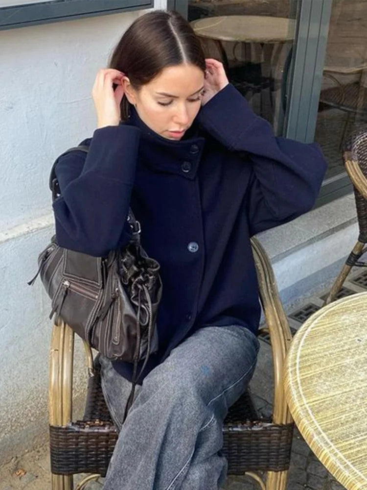 Stand Collar Women Winter Woolen Coats Single Breasted Loose Female Long Sleeve Jacket  Autumn Office Lady Street Short Coat
