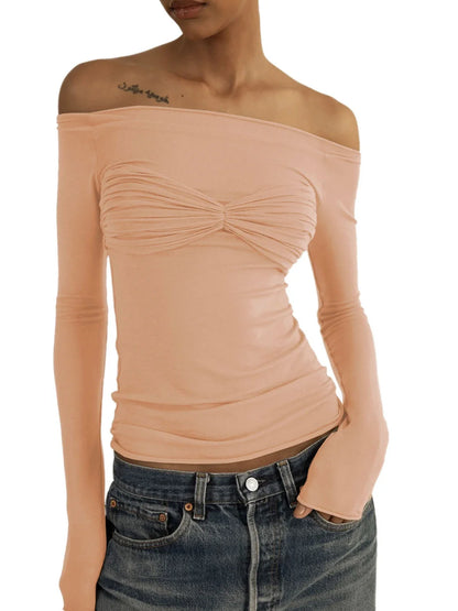Tossy Mesh Sheer Off-Shoulder Top Shirt For Women New Long Sleeve See-Through Lace Knit Pullover Tops Summer Mesh Top Tee Shirt
