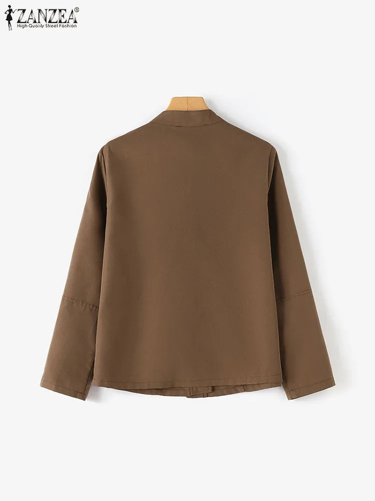 ZANZEA Fashion OL Jackets Woman Long Sleeve Stand Collar Outerwear Autumn Vintage Party Work Wear Female Elegant Button UP Coats