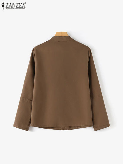 ZANZEA Fashion OL Jackets Woman Long Sleeve Stand Collar Outerwear Autumn Vintage Party Work Wear Female Elegant Button UP Coats