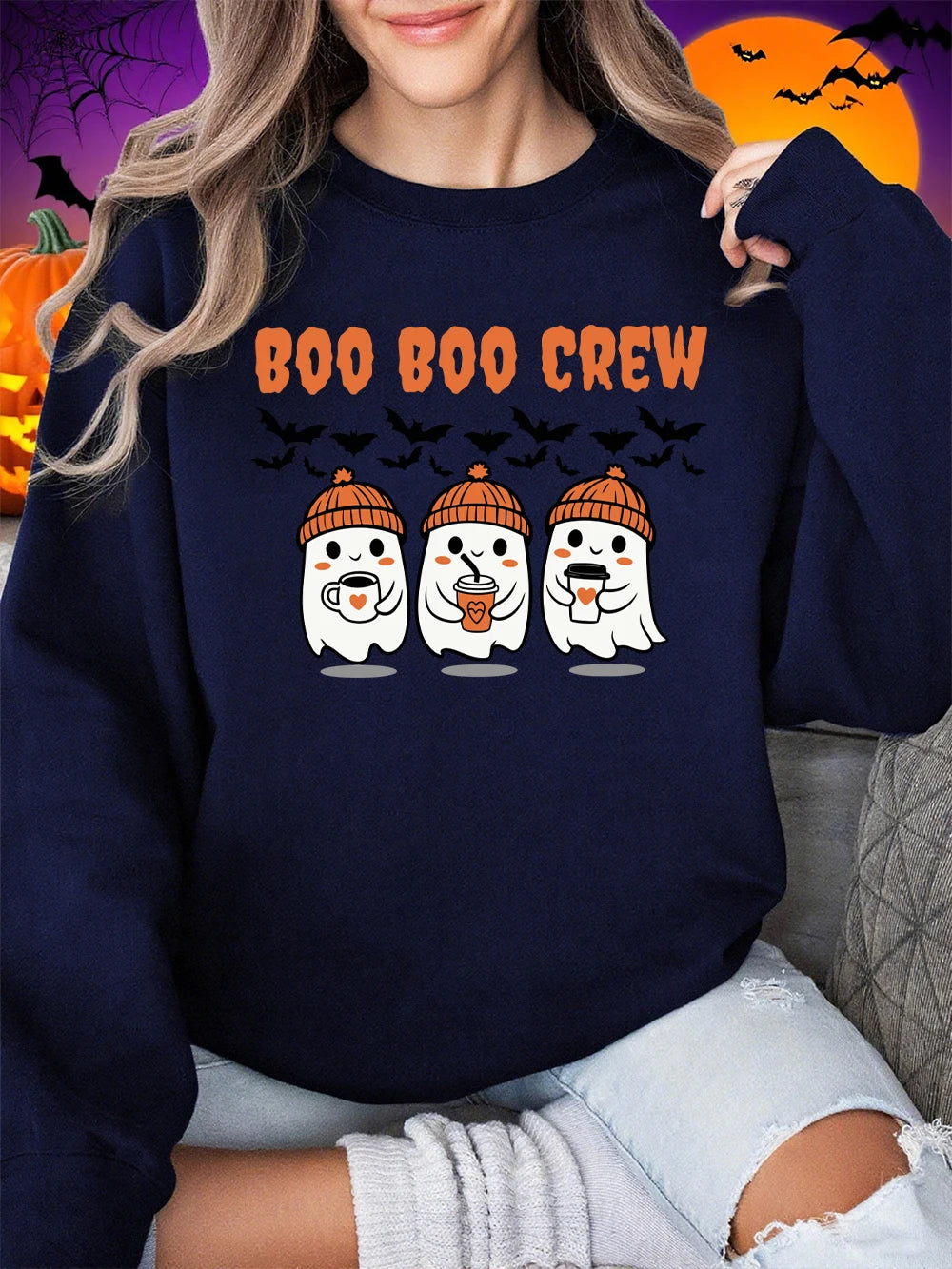 Boo Boo Crew Ghost Prints Halloween Sweatshirt Women Winter Fleece Warm Hoodies Crewneck Loose Pullovers Casual Soft Clothes