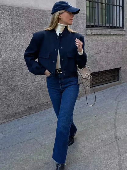 1PCS Woman Bomber Jacket Coat White Autumn Winter Button Baseball Aviator Cropped Jackets for Women Long Sleeve Crop Outerwear