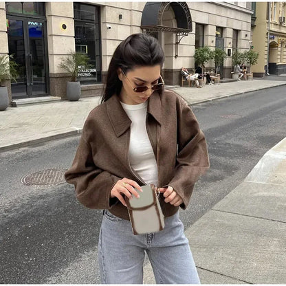 Stand Collar Women Winter Woolen Coats Single Breasted Loose Female Long Sleeve Jacket  Autumn Office Lady Street Short Coat