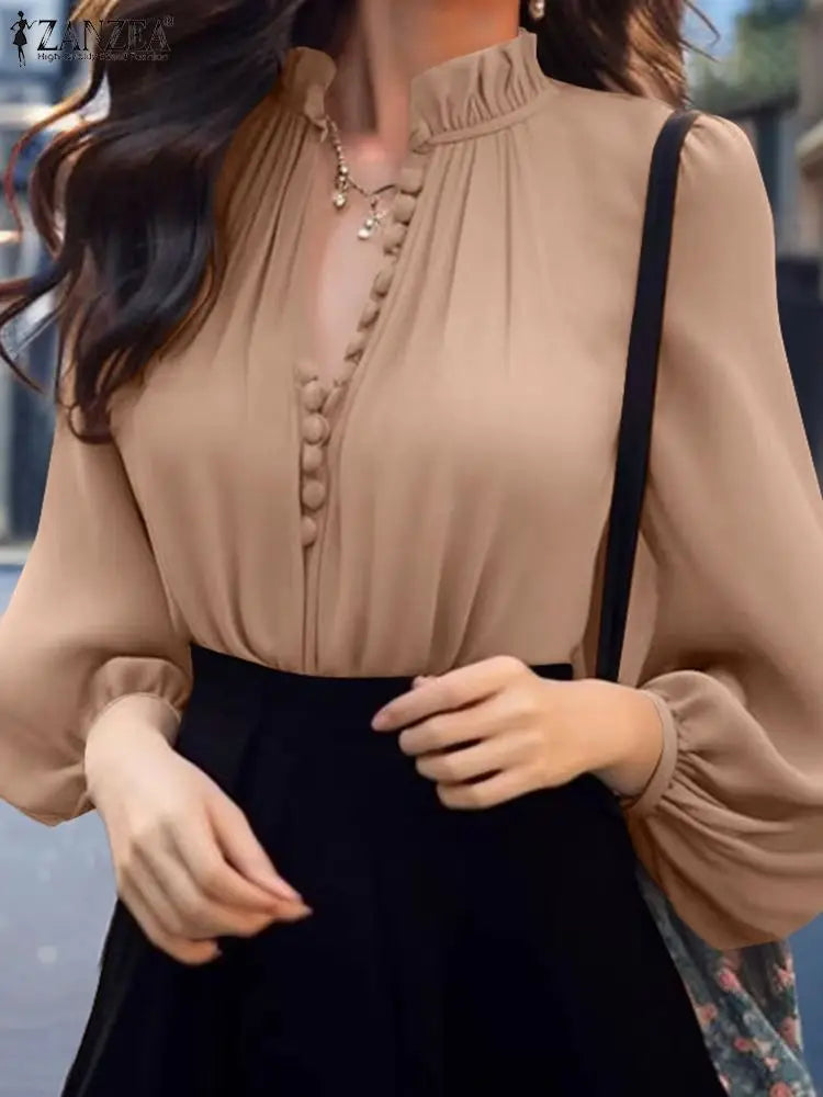 ZANZEA Fashion Lantern Long Sleeve Tops Elegant Shirt 2024 Casual Loose V-neck Bottun Simple Vintage Stand Collar Office Blouse