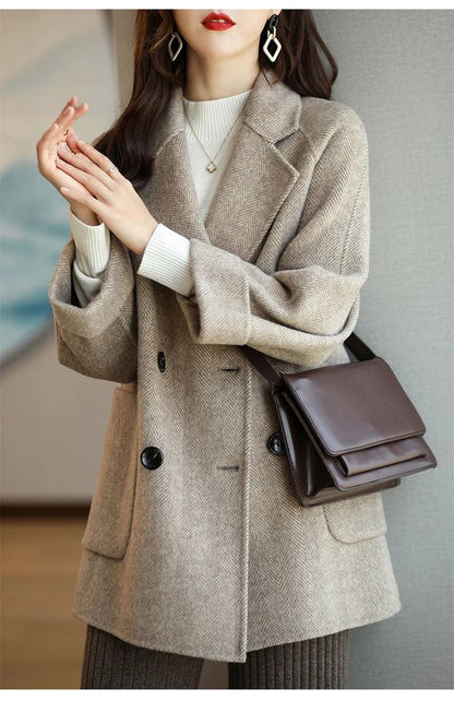 New Elegant Women Mid-length Woolen Coats Office Lady Autumn Winter Korean Loose Warm Thick Wool Blend Jackets Female Outerwear