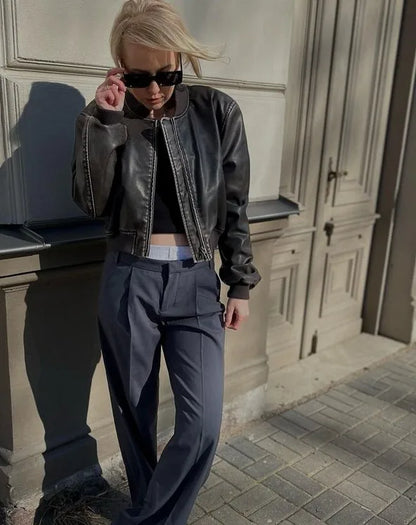 RARF Women Washed Leather Loose Jacket Vintage Stand Collar Gradient Zipper Short Coat Spring Lady Locomotive Style Chic Coat