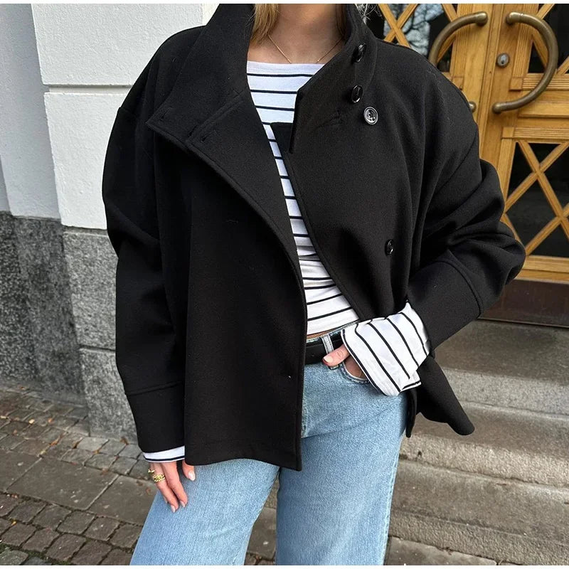 Stand Collar Women Winter Woolen Coats Single Breasted Loose Female Long Sleeve Jacket  Autumn Office Lady Street Short Coat
