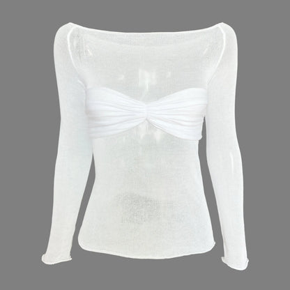 Tossy Mesh Sheer Off-Shoulder Top Shirt For Women New Long Sleeve See-Through Lace Knit Pullover Tops Summer Mesh Top Tee Shirt
