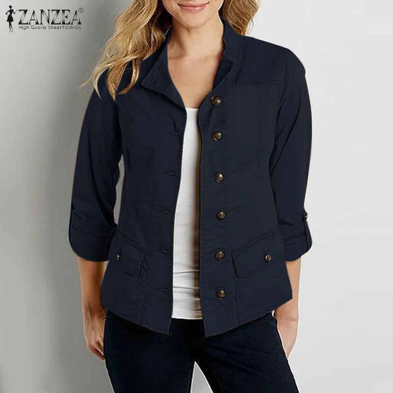 ZANZEA Fashion OL Jackets Woman Long Sleeve Stand Collar Outerwear Autumn Vintage Party Work Wear Female Elegant Button UP Coats
