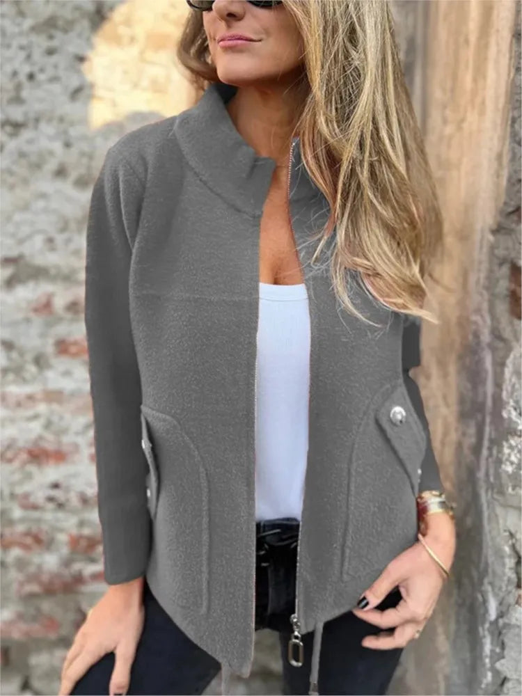 New Casual Zipper Cardigan Wool Jacket For Women's 2025 New Fashion Stand Collar Tether Pocket Loose Versatile Female Wool Coat