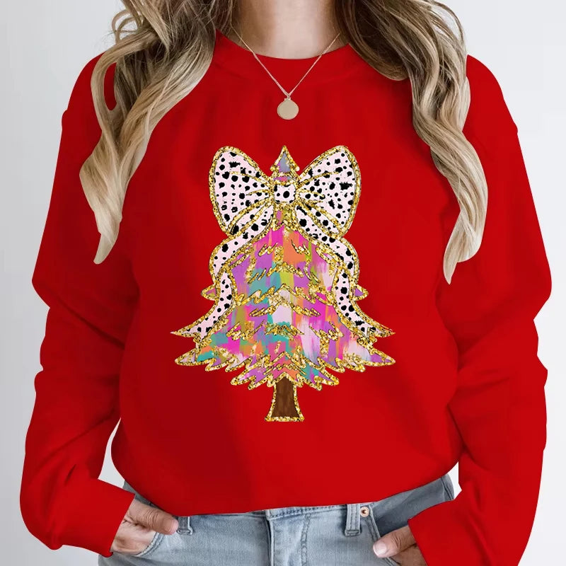 Casual Vintage Christmas Tree Graphic Women Sweatshirts Long Sleeve Crew Neck Y2K Sudaderas Funny Holiday Xmas Hoodless Pullover