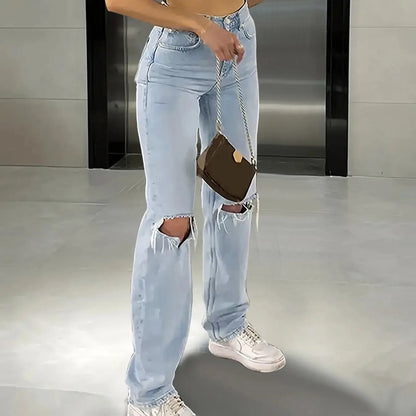 Women's new knee-piercing jeans, loose, comfortable and casual, fully matching straight micro-elastic jeans