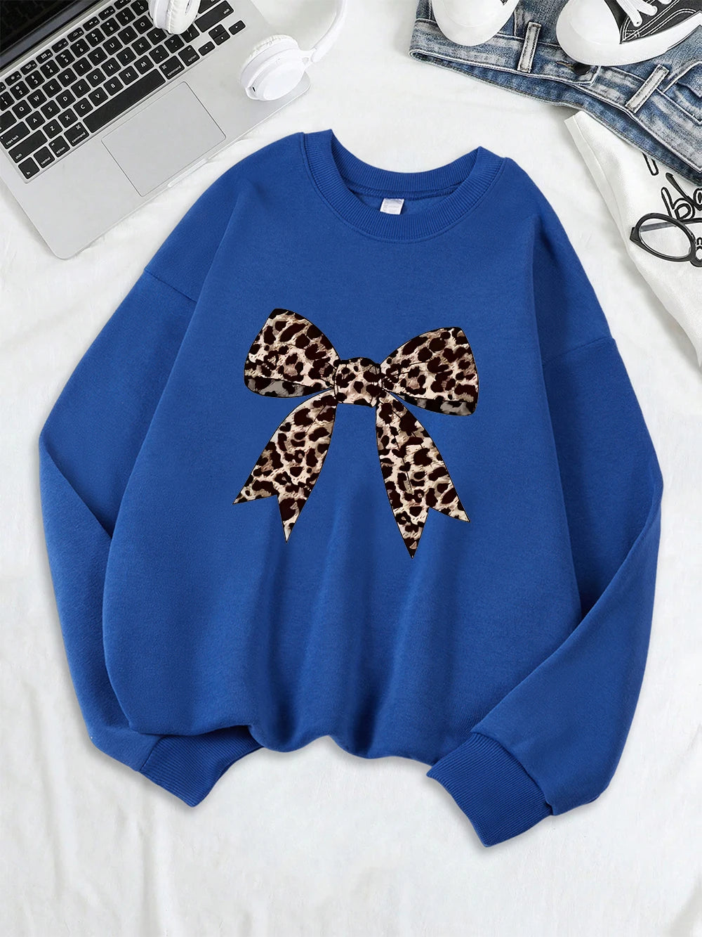 Bow Leopard Printing Sweatshirts Womens Crewneck Basics Hoodies Loose Fleece Warm Clothes Autumn Winter Sporty Woman Pullover