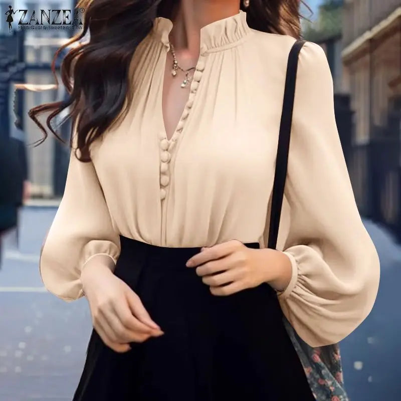ZANZEA Fashion Lantern Long Sleeve Tops Elegant Shirt 2024 Casual Loose V-neck Bottun Simple Vintage Stand Collar Office Blouse