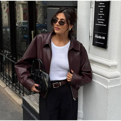 Retro Wine Red Pu Leather Short Jacket Women Chic Lapel Collar Zipper Button Loose Overcoats Autumn Ladies High Street Outerwear