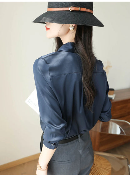 Spring Autumn Elagant Satin Women's Blouse 2025 New Long Sleeve Turn-down Collar Korean Casual Loose Office Lady Shirts Female