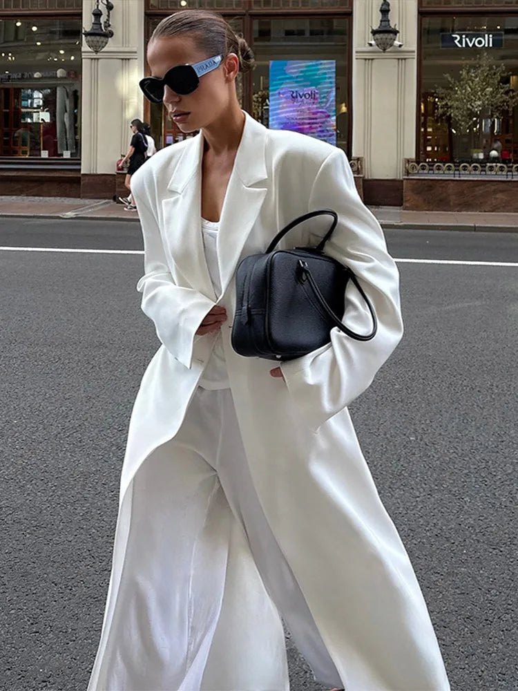 Street Fur Long Women's Jacket Long Sleeve Shoulder Pad Lapel Femal Coat 2025 Autumn Fashion Solid Double Buckle Lady Outwears