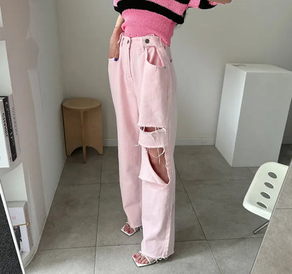 REALEFT 2025 New Hole Pink Women's Denim Wide Leg Pants High Waist Spring Summer Casual White Jeans Straight Trourses Female