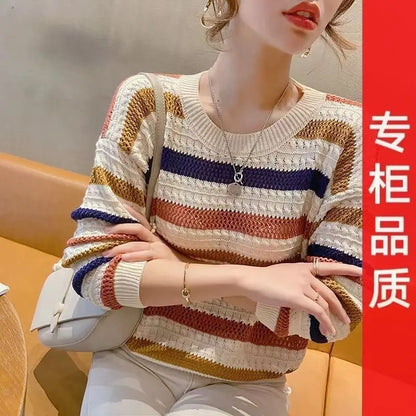 2024 Spring Summer New Hollow Color Striped Knitted Top Women's Loose Fit Cropped Bat Top Thin Cover Ups Crew Neck Pullovers