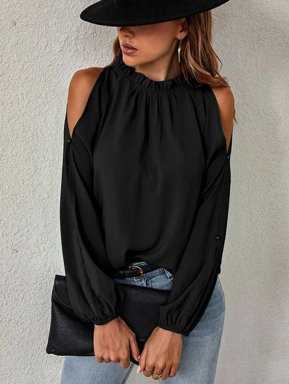 Fashion lotus leaf pleat semi high neck off shoulder hollowed out long sleeved top spring autumn women's elegant temperament top