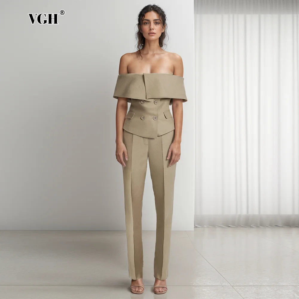 VGH Sexy Off Shoulder Blazers For Women Slash Neck Sleeveless Patchwork Double Breasted Soild Slimming Blazer Female Fashion New